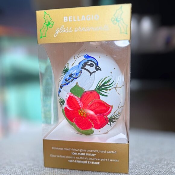 Large Hand-Painted Glass Christmas Ornament Blue Jay Poinsettia White Teardrop - Picture 6 of 7